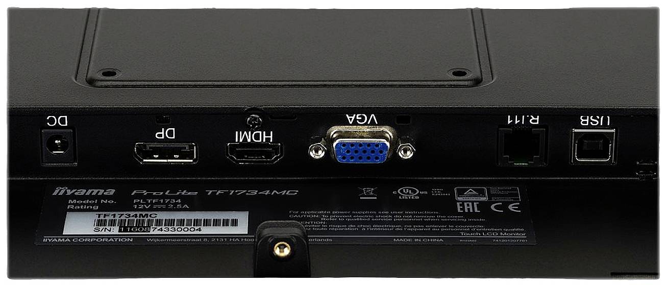 Zadný pohľad monitora s portmi: DC, DP, HDMI, VGA, Audio, USB, LAN. Model: ProLite T1732MSC.