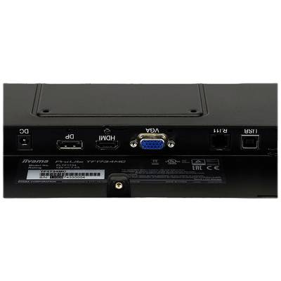 Zadný pohľad monitora s portmi: DC, DP, HDMI, VGA, Audio, USB, LAN. Model: ProLite T1732MSC.