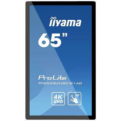 Veľký čierny monitor značky iiyama s modelovým označením 'ProLite TF6539UHSC-B1AG', 65 palcov, 4K UHD s dotykovým ovládaním.