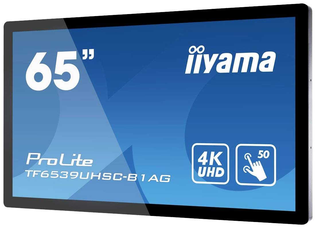 65-palcový monitor iiyama, model ProLite TF6539UHSC-B1AG, s 4K UHD rozlíšením a 50 dotykovými bodmi.