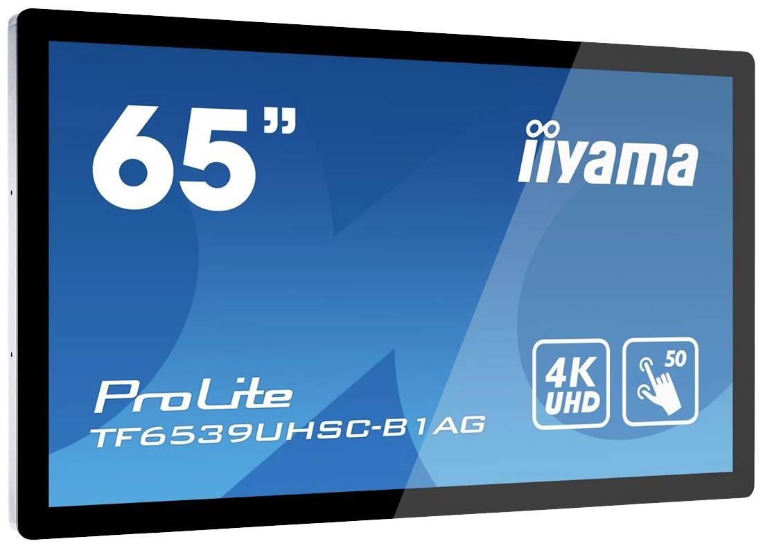 65-palcový displej s nápisom 'iiyama ProLite TF6539UHSC-B1AG', zobrazujúci 4K UHD s dotykovým ovládaním.