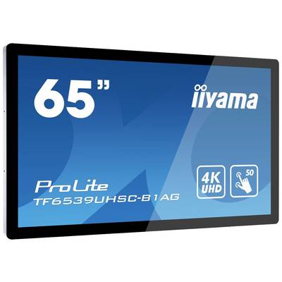 65-palcový displej s nápisom 'iiyama ProLite TF6539UHSC-B1AG', zobrazujúci 4K UHD s dotykovým ovládaním.