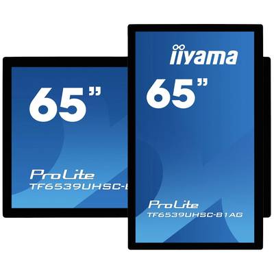 Dva modré monitory v rôznych orientáciách zobrazujú nápis '65"', značku 'iiyama' a model 'ProLite TF6539UHSC-B1AG'.