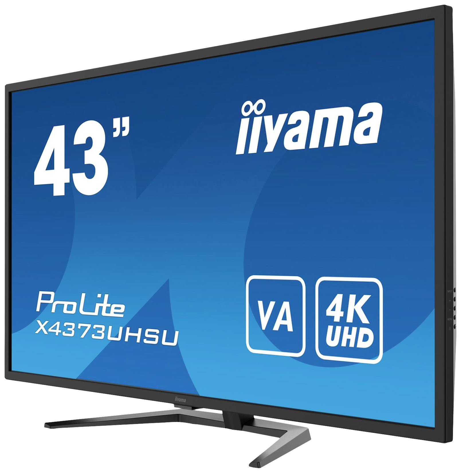 43-palcový monitor iiyama s modelovým číslom ProLite X4373UHSU, 4K UHD a VA zobrazením; displej zobrazuje modré technické detaily.