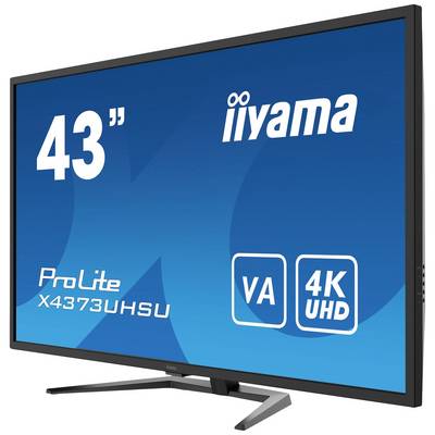 43-palcový monitor iiyama s modelovým číslom ProLite X4373UHSU, 4K UHD a VA zobrazením; displej zobrazuje modré technické detaily.
