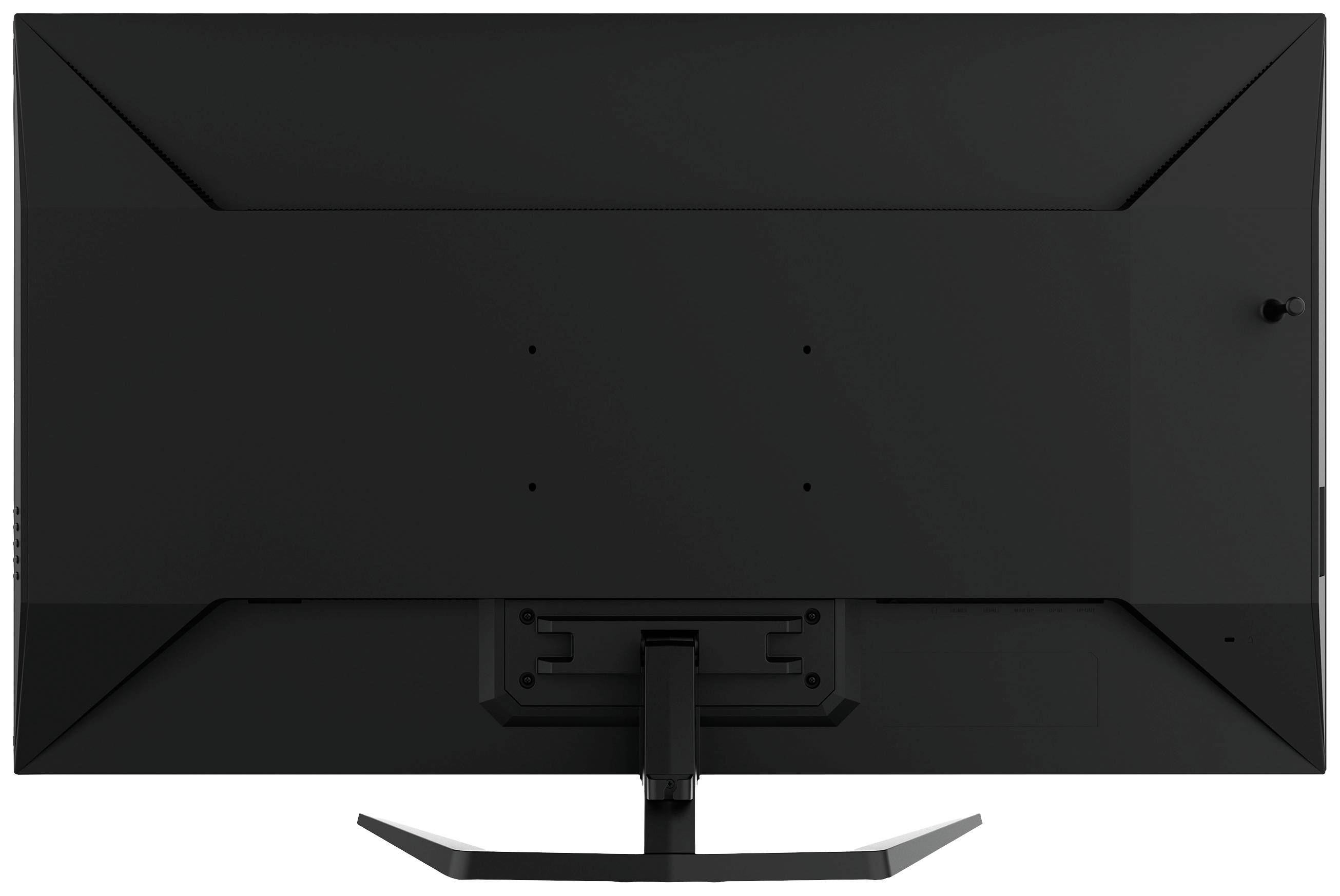 Pohľad zozadu na čierny počítačový monitor na stojane bez viditeľných značkových alebo modelových identifikácií.