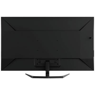 Pohľad zozadu na čierny počítačový monitor na stojane bez viditeľných značkových alebo modelových identifikácií.