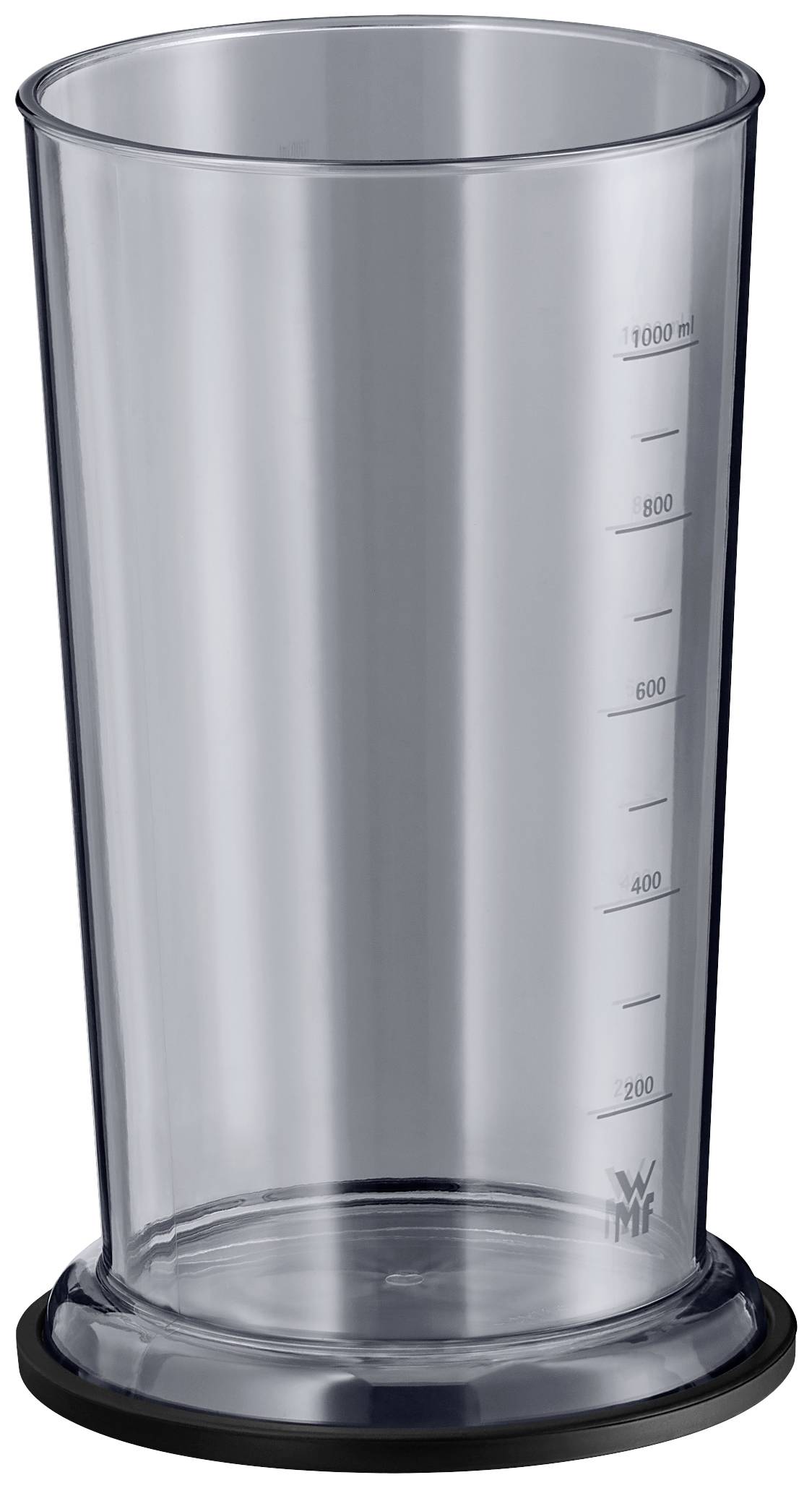 Priehľadný odmerný pohár so stupnicou od 200 ml do 1000 ml a logom WMF, stojaci na čiernej podstavci.