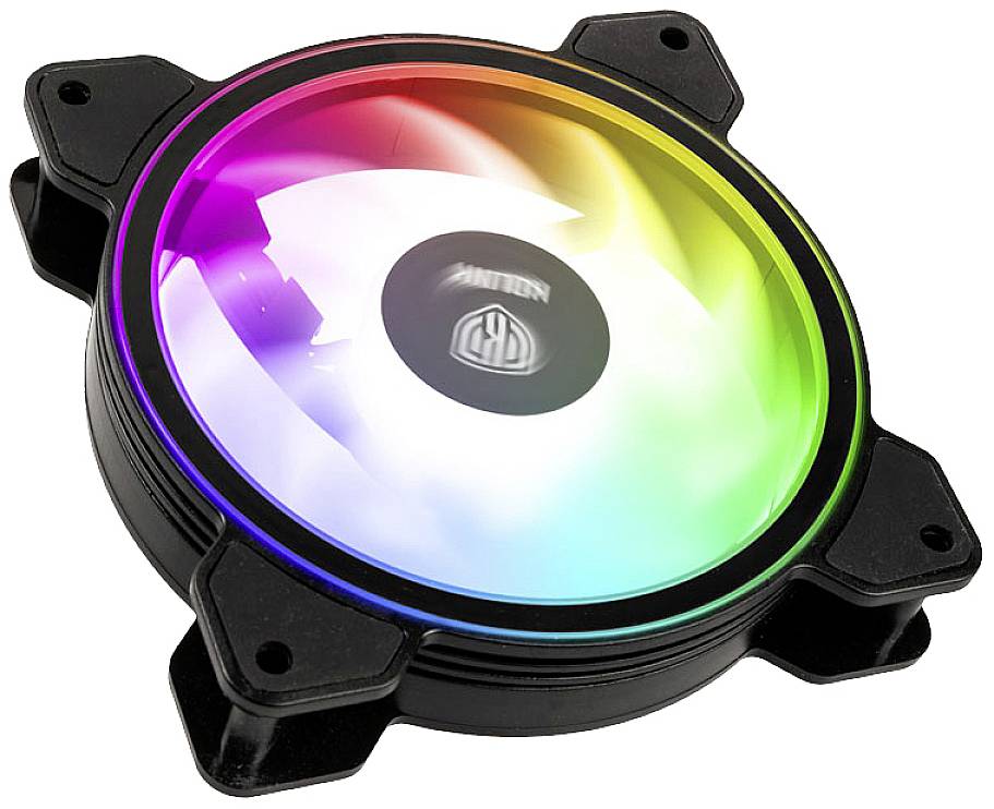 Guľatý počítačový ventilátor so svietiacimi RGB farbami. Má centrálne logo a je upevnený štyrmi skrutkami v rohoch.