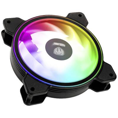 Guľatý počítačový ventilátor so svietiacimi RGB farbami. Má centrálne logo a je upevnený štyrmi skrutkami v rohoch.
