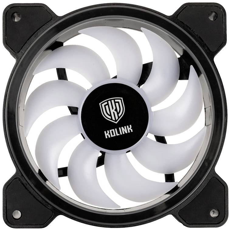 Guľatý počítačový ventilátor s deviatimi bielymi krídlami a čiernym rámom. V strede je viditeľné logo 'Kolink'.