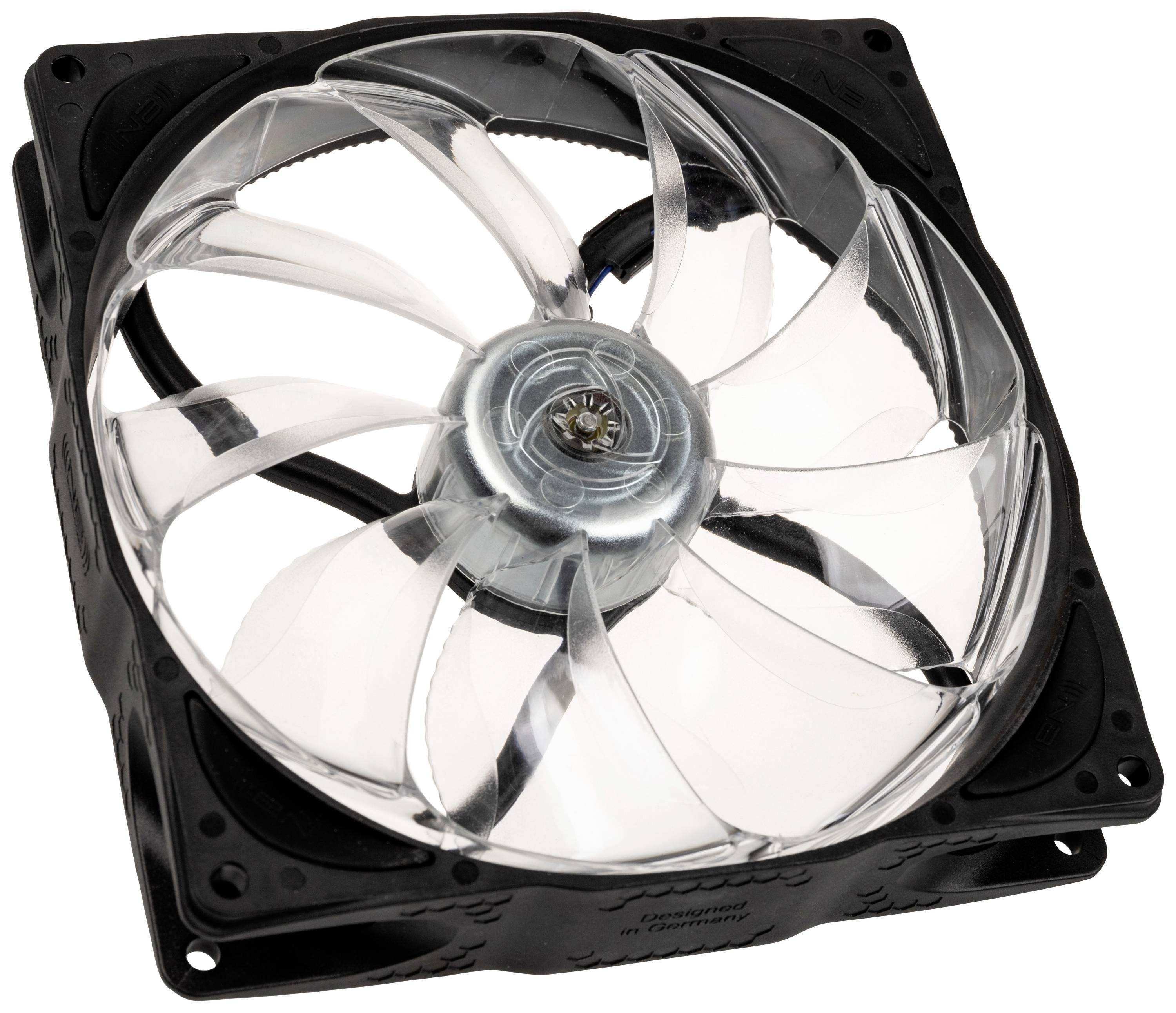 Čistý počítačový chladič s ôsmimi priehľadnými lopatkami ventilátora a čiernym rámom. Primárne používaný na chladenie počítačových komponentov.
