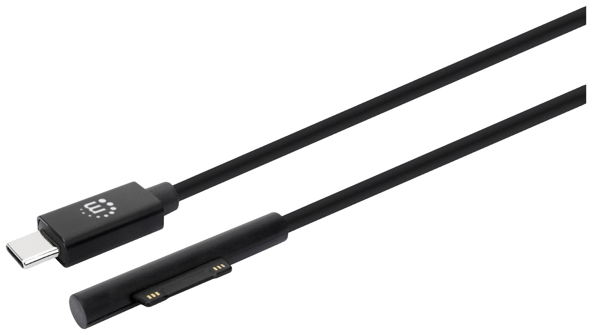 Čiernobiely nabíjací kábel s konektorom USB-C na jednej strane a magnetickým nabíjacím konektorom na druhej strane.