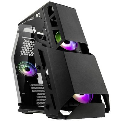 Futuristicky navrhnutý počítačový kryt s dvoma viditelnými LED ventilátormi, ktoré svietia meniacimi sa farbami.