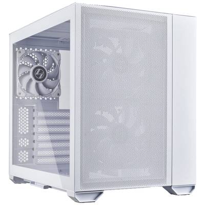 Biele počítačové púzdro s bočným skleneným oknom, ktoré odhaľuje vnútorné ventilátory a rozširujúce sloty. Ideálne pre zostavovanie PC.
