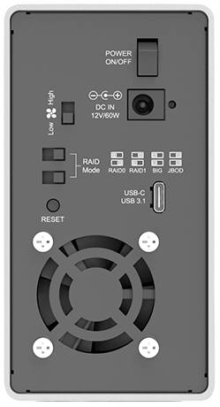 Zadná strana elektronického zariadenia s vypínačom Zap/Vyp, DC vstupom, prepínačom módu RAID, USB-C a ventilátorom.