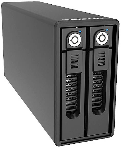 Externý pevný disk pre úložisko dát, čierne puzdro, dva priestory pre pevné disky vpredu. Vhodný pre zálohovacie riešenia a veľké objemy dát.