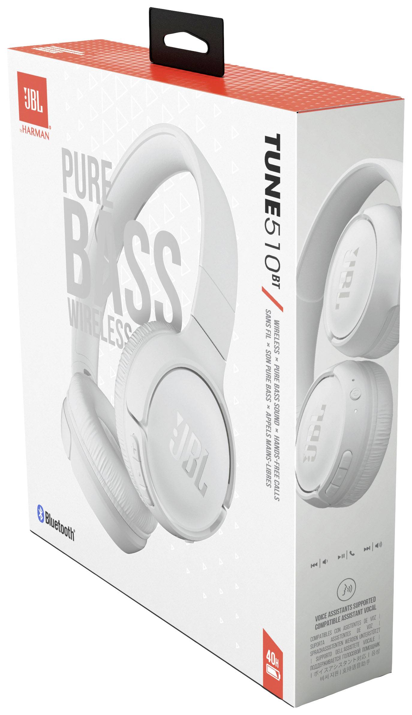 Balenie slúchadiel JBL Tune 510BT. Biele dizajnové prevedenie s nápisom 'Pure Bass Wireless'. Schopné pripojenia cez Bluetooth, výdrž batérie 40 hodín.