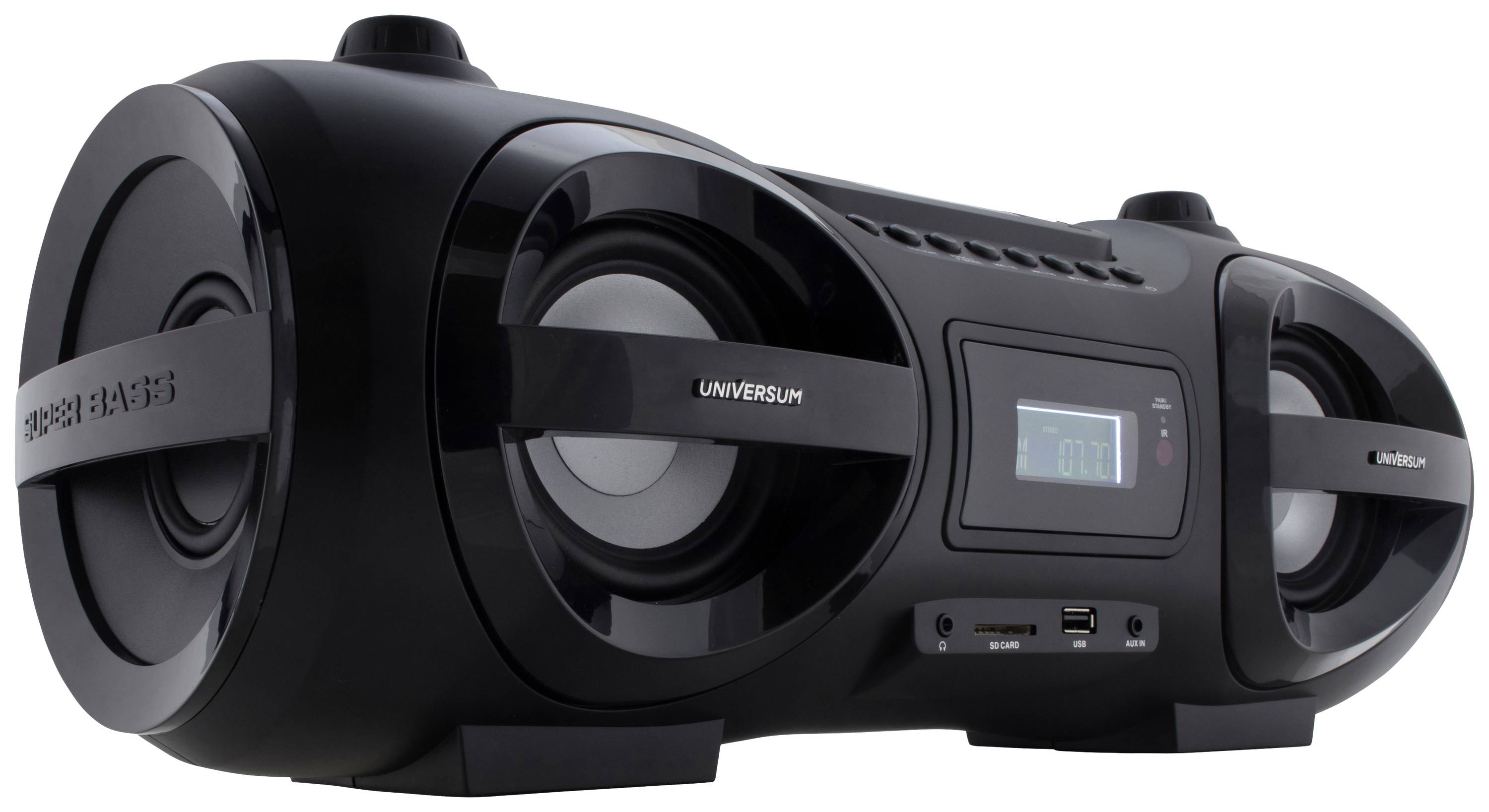 Prenosný čierny reproduktor v dizajne boomboxu s digitálnym displejom, USB vstupom a striebornými reproduktorovými meničmi.