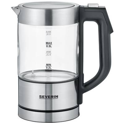 Úplne priesvitná kanvica s meracou stupnicou na boku ukazuje MIN 0,2 l, MAX 0,5 l. Zariadenie má rukoväť z nehrdzavejúcej ocele a plastu.