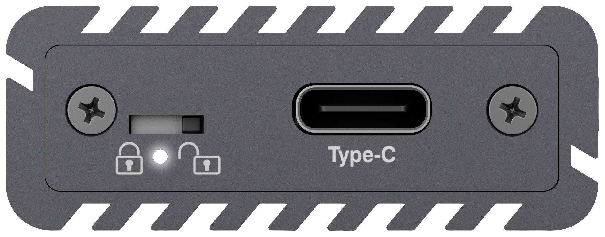 Externý pevný disk s portom USB-C a posuvným spínačom na uzamknutie, indikačná kontrolka signalizuje stav uzamknutia.