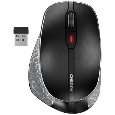 Bezdrôtová počítačová myš s USB prijímačom, čierne telo so strieborným vzorom, červená LED indikácia na hornej strane.