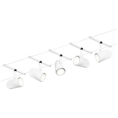 Moderná biela koľajnicová lampa s piatimi valcovitými bodovými svetlami upevnenými na kovovej lište, ideálna pre smerované osvetlenie.