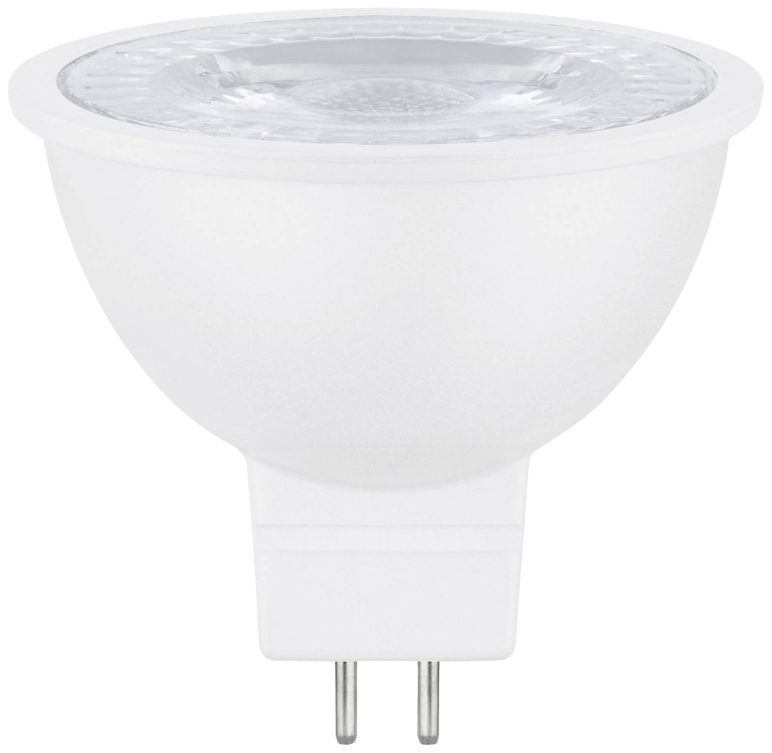 Biela LED žiarovka so socketom GU10, vhodná pre bodové svetlá. Žiarovka má guľatý tvar a priehľadný kryt na vrchu.
