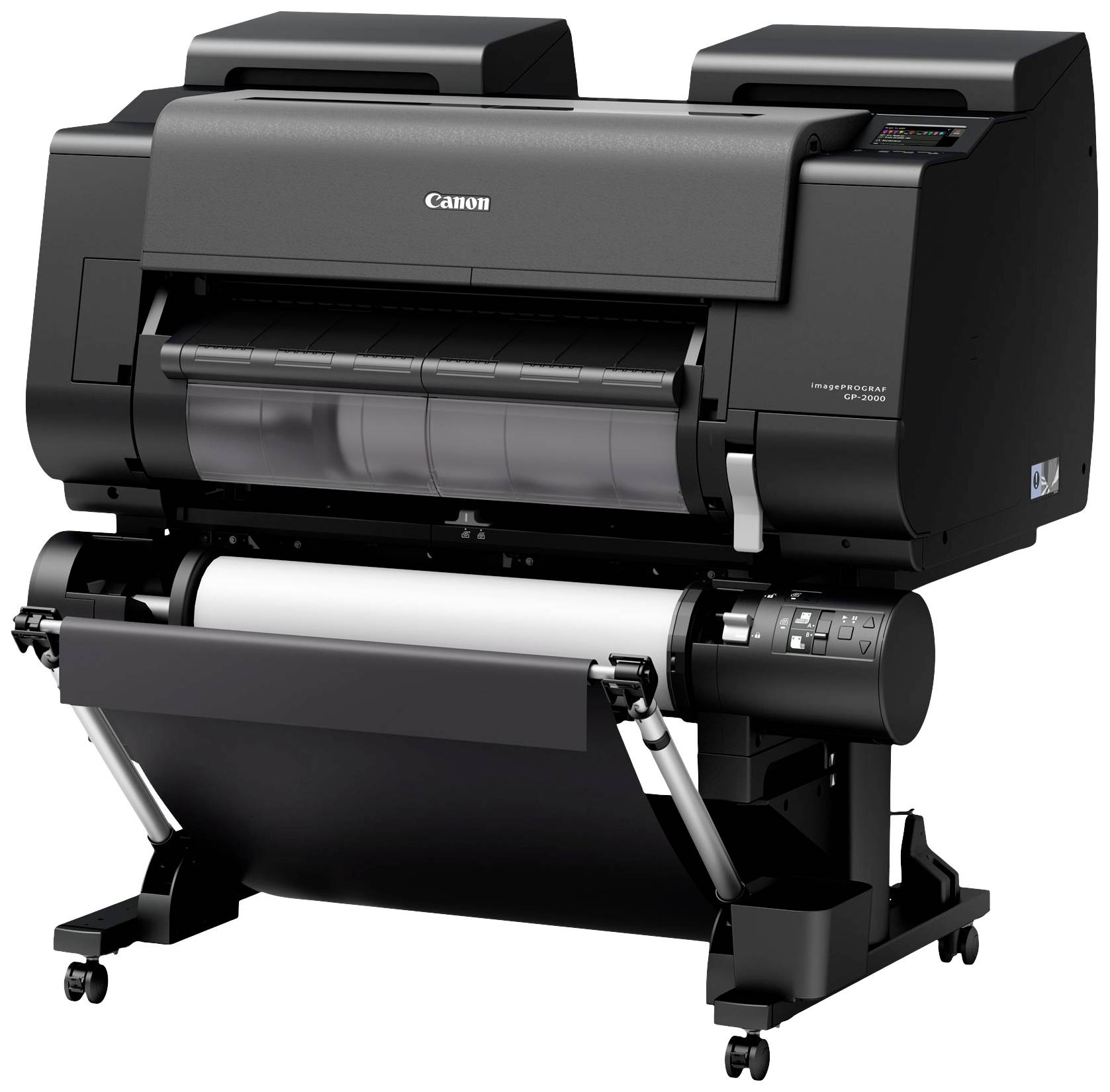 Veľká profesionálna tlačiareň stojí na kolieskach, vhodná pre veľkoformátové tlačové práce. Hlavná farba čierna, viditeľný firemný názov.