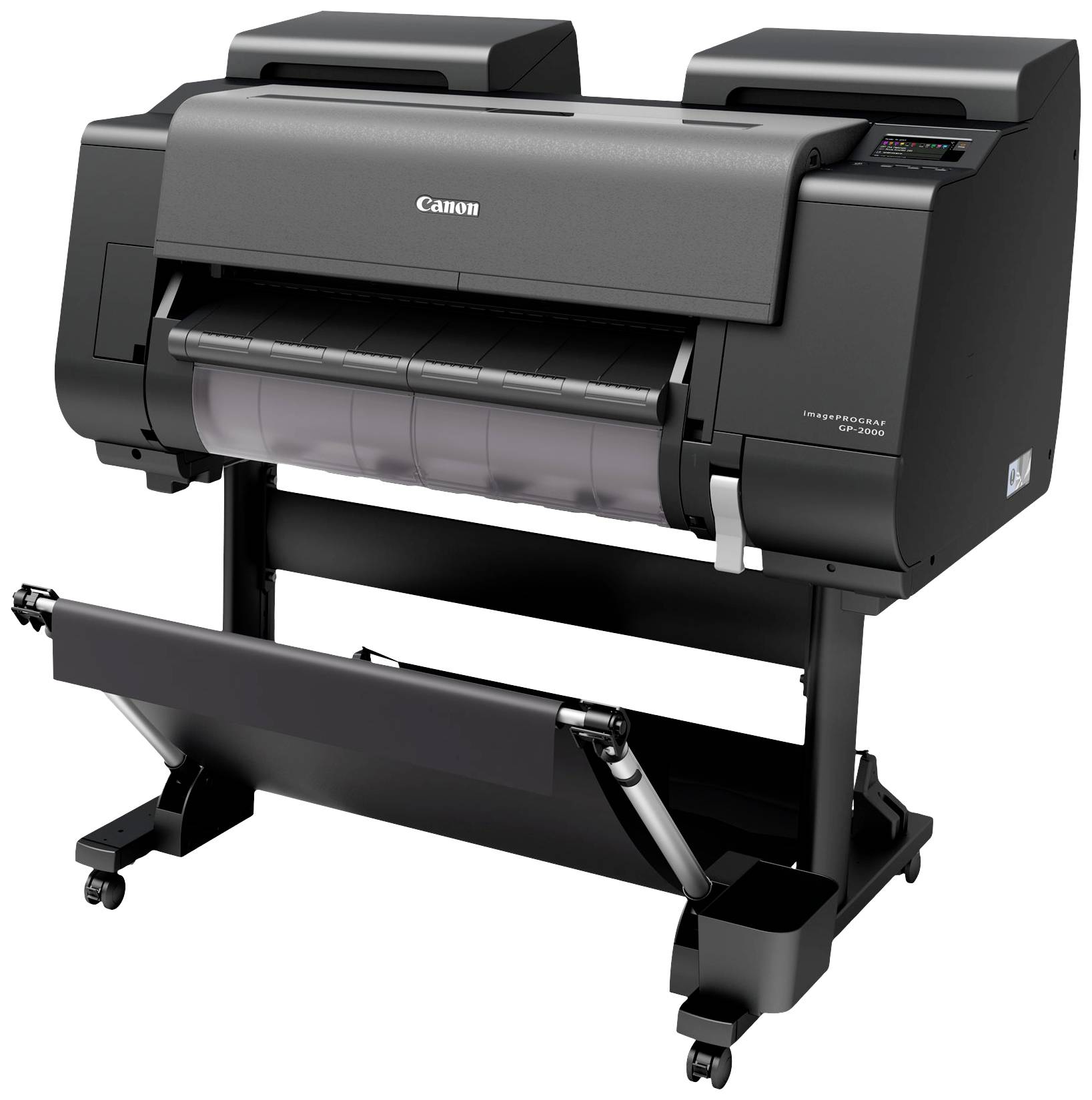 Veľká čierna tlačiareň s papierovou rolou, vhodná pre profesionálne použitie v kanceláriách alebo tlačiarňach.