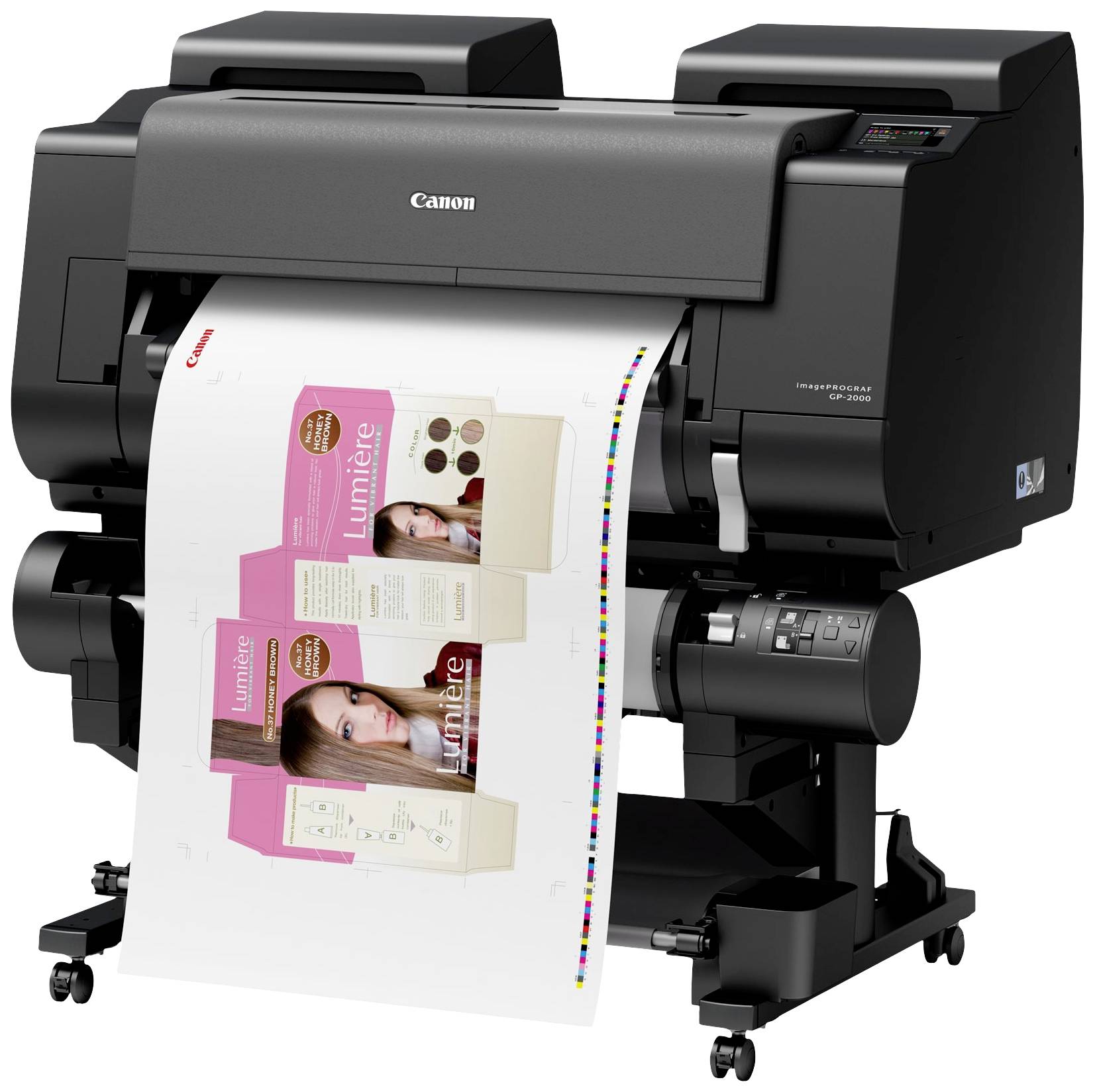 Veľká čierna tlačiareň tlačí farebný plagát s obalmi produktov.