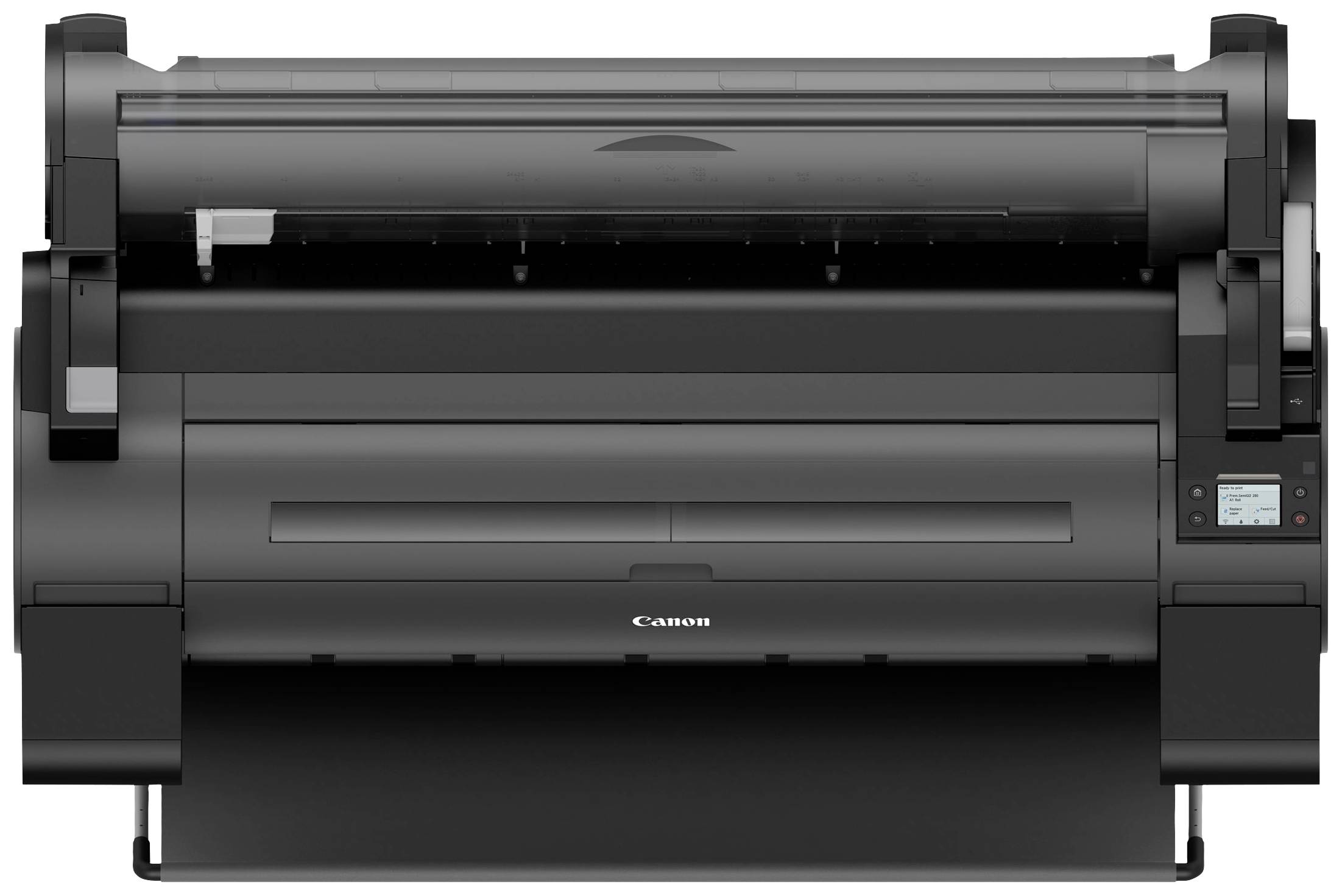 Veľká čierna tlačiareň Canon s широkým výstupným zásobníkom a digitálnym ovládacím panelom na pravej strane.