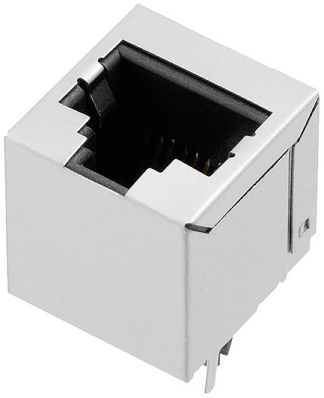 Sieťová zásuvka pre ethernetový kábel, typ RJ-45, v štvorcovom kovovom kryte, bočné kontaktné kolíky viditeľné.