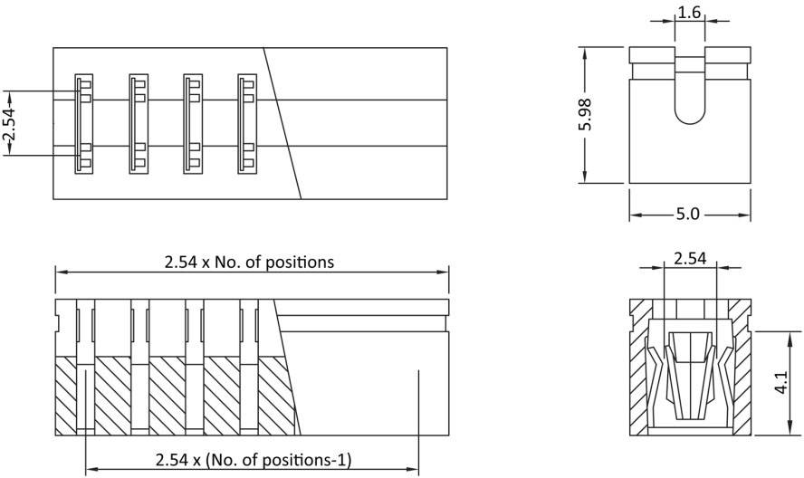 Technický výkres konektora s rozmermi: šírka 5,98 mm, dĺžka 2,54 mm na pozíciu. Bočný pohľad zobrazuje detaily vnútornej štruktúry.