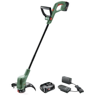 Zelená akumulátorová kosačka s nabíjacou stanicou a akumulátorom. Trimmer má ergonomickú rukoväť a je vhodný na ľahké záhradné práce.