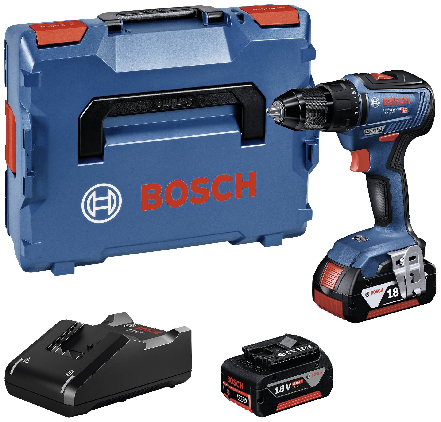 Bosch Professional GSR 18V-55 06019H5200 Borrskruvdragare batteri 18 V 4.0 Ah Li-Ion borstfri, inkl. 2x batterier, inkl. laddare, inkl. väska