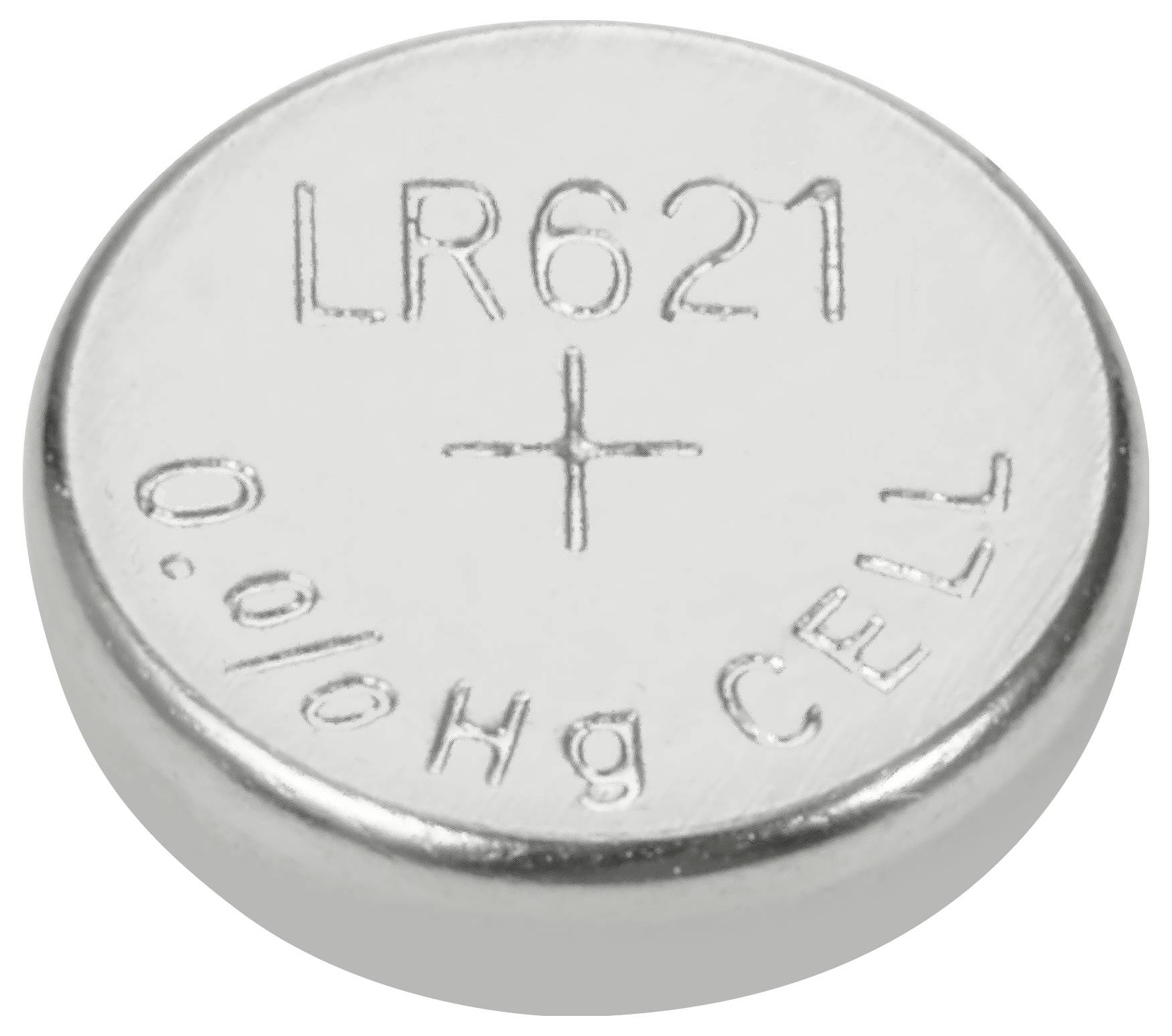 Strieborná gombíková batéria s nápisom 'LR621', '0,0% Hg' a 'CELL' zobrazuje typ batérie a obsah ortuti.