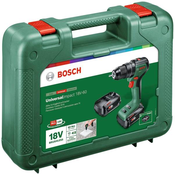 Súprava vŕtačky „Bosch UniversalImpact 18V-60" v zelenej bedni, zobrazujúca vŕtačku, batériu a nabíjačku, s vyzdvihnutím bezšnúrovej schopnosti a funkcií bezkefového motora.