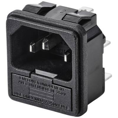 Čierny elektrický konektor s trojpolovým pripojením. Na prednej strane je viditeľné označenie 'POUŽÍVAŤ IBA S POISTKOU 250V'.