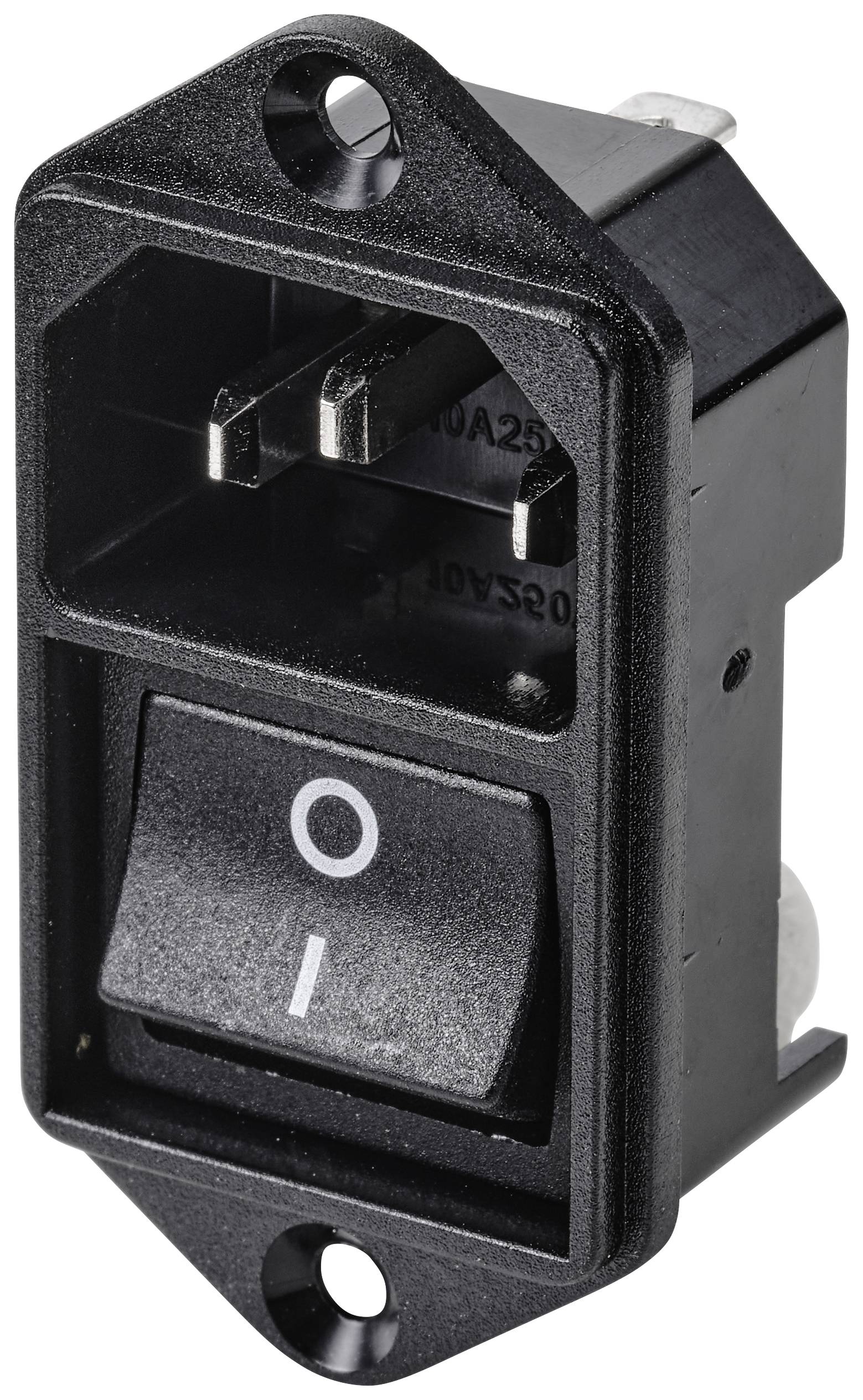 Čierny, obdĺžnikový sieťový spínač s označením Zap/Vyp. Nad ním sú viditeľné kontakty zástrčky. Vhodný pre elektrické zariadenia.