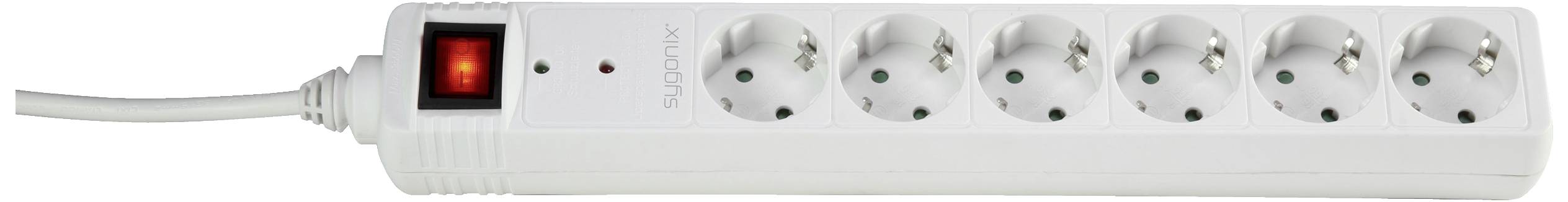Biely rozvodný elektrický panel so šiestimi zásuvkami a červeným vypínačom.