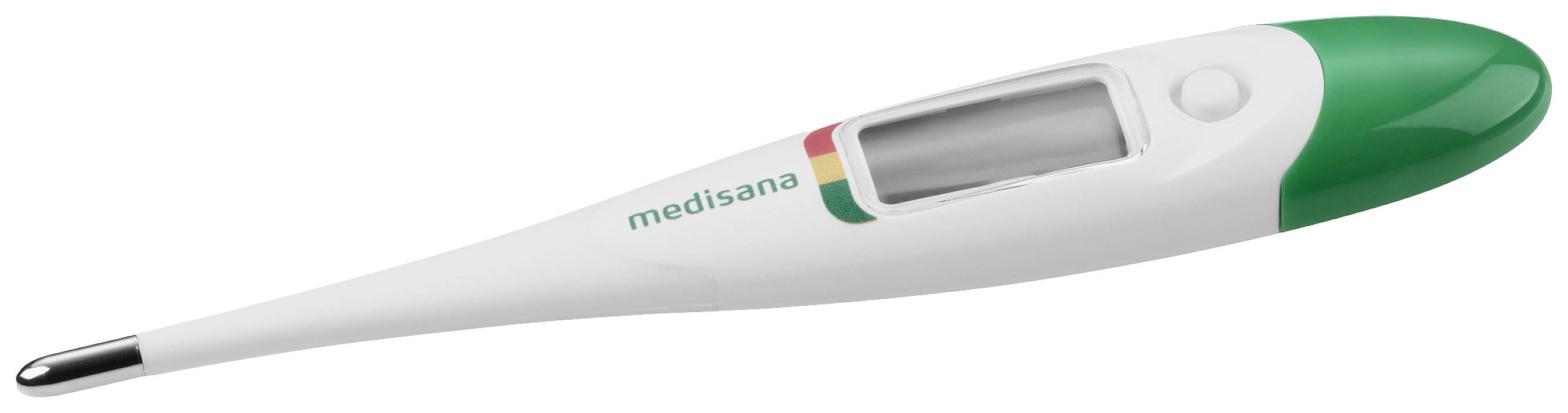 Digitálny teplomer so zeleným a bielym obalom, displej nezobrazuje žiadne meranie, vhodný na meranie telesnej teploty.