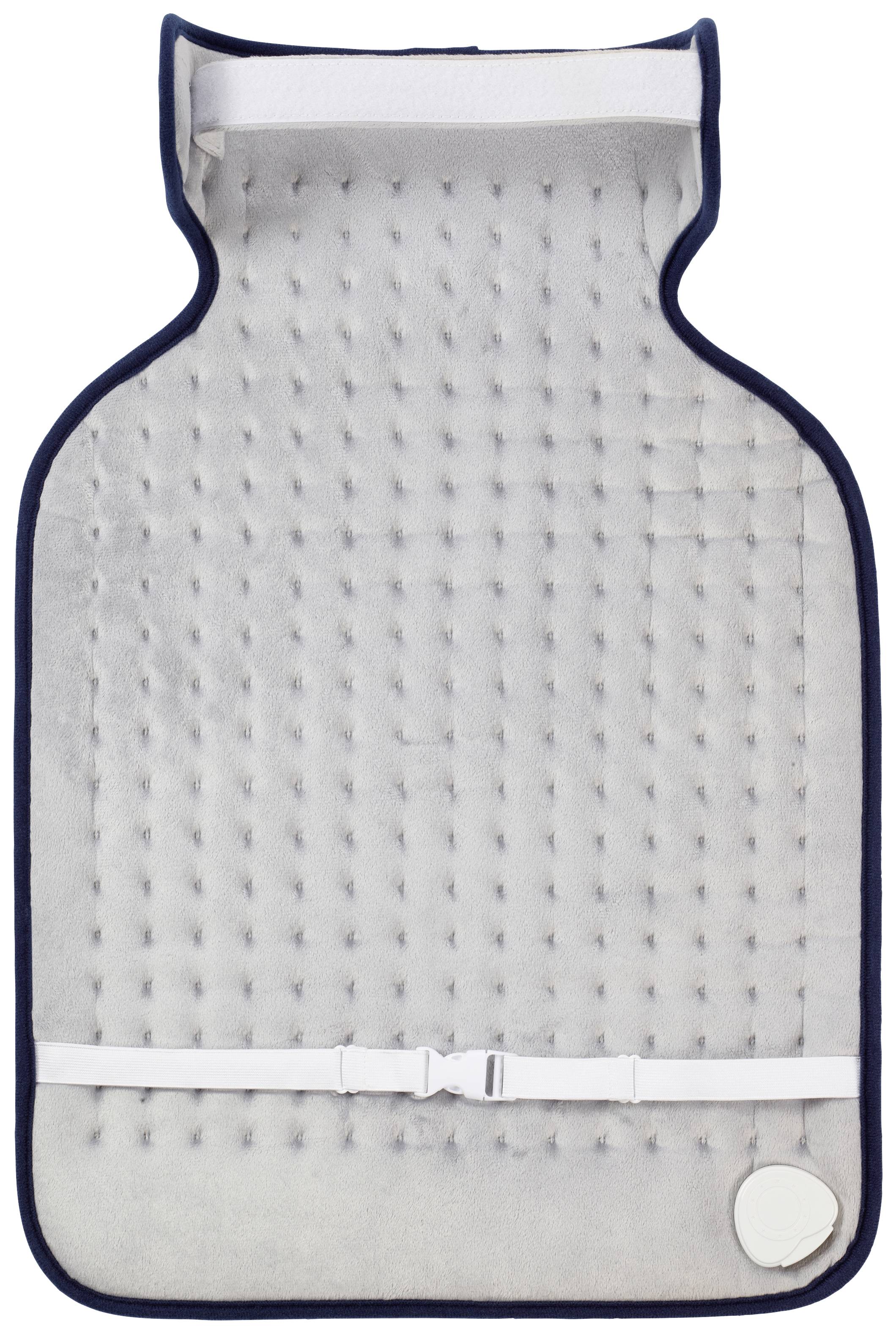 Modrá elektrická vyhrievacia podložka s popruhom na upevnenie, napájaná elektrickým prúdom. Vhodná na zohriatie chrbta a relaxáciu doma.