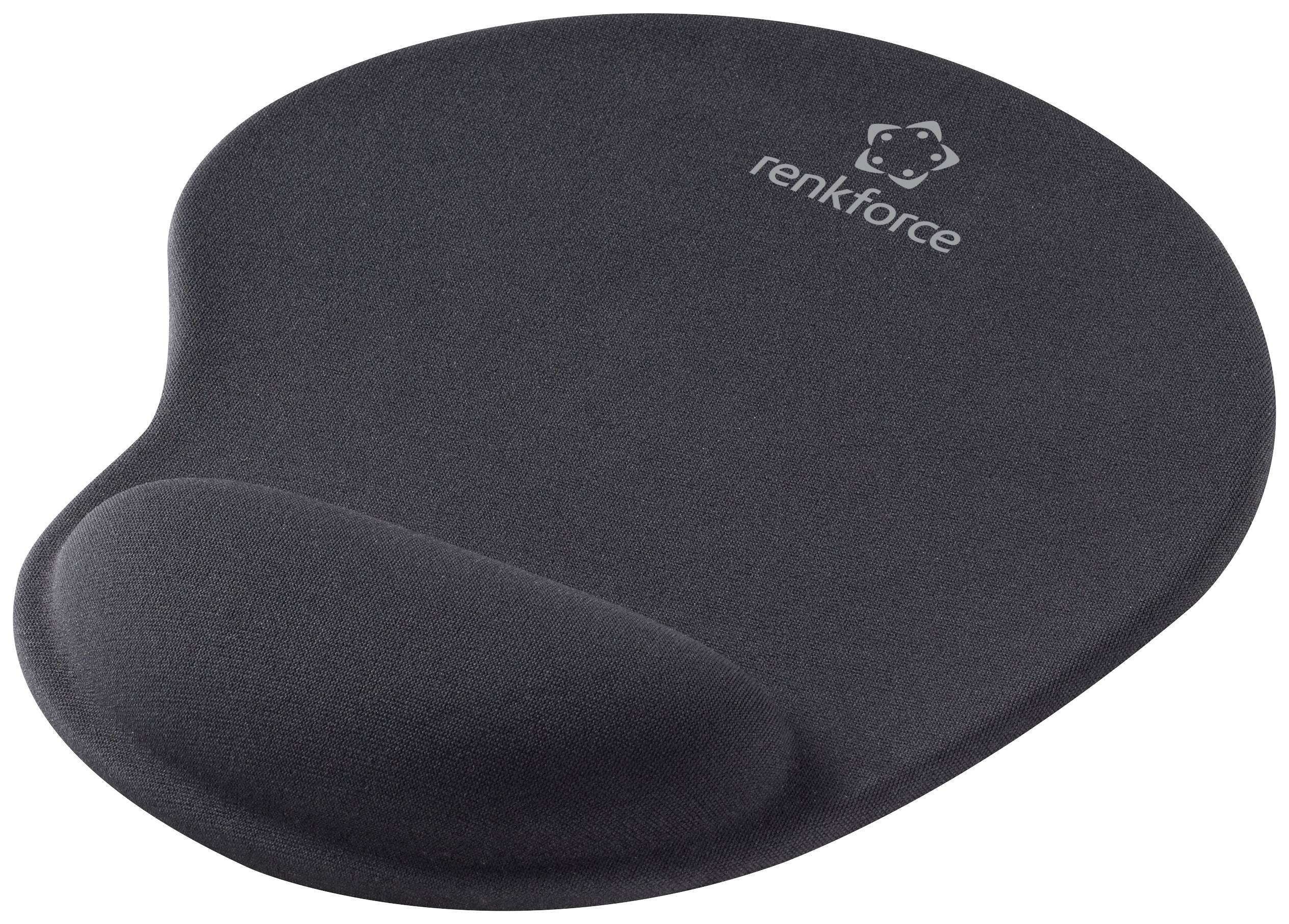 Čierna podložka pod myš s opierkou na zápästie a logom 'renkforce' v pravom hornom rohu.
