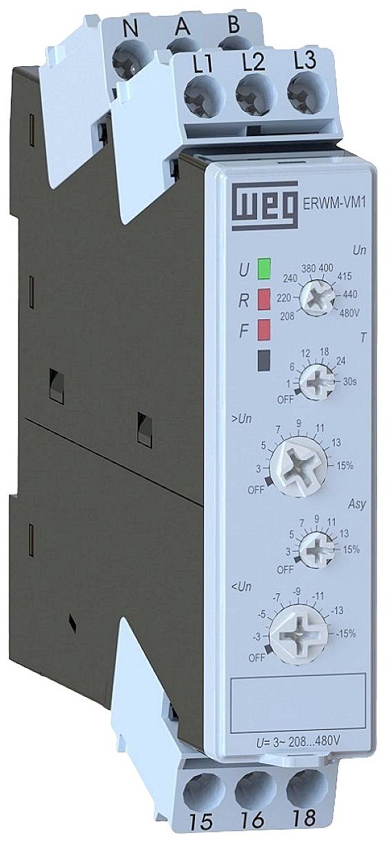 Obrázok zobrazuje elektronické zariadenie značky WEG, model ERWM-VM1, s otočnými gombíkmi a LED indikátormi pre nastavenie napätia a frekvencie.