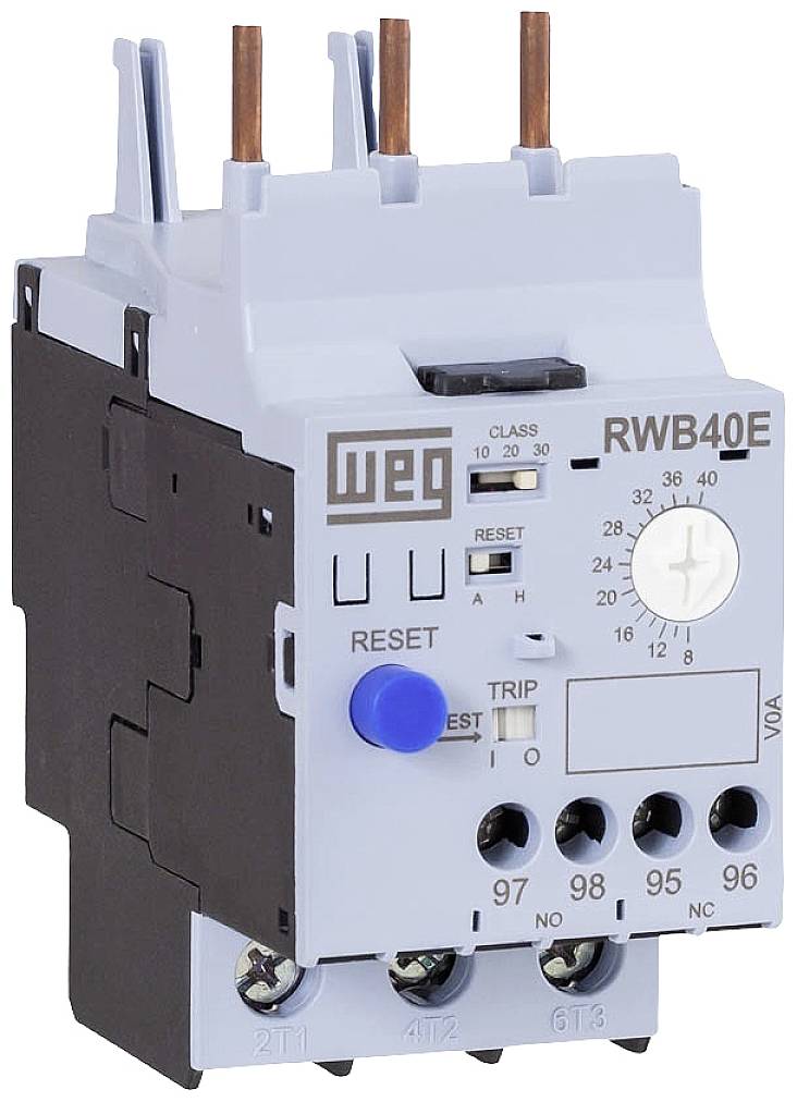 Tepelné nadprúdové relé 'WEG RWB40E' s nastavovacím gombíkom a indikátorom vypnutia, určené na kontrolu nadprúdu v elektrických systémoch.