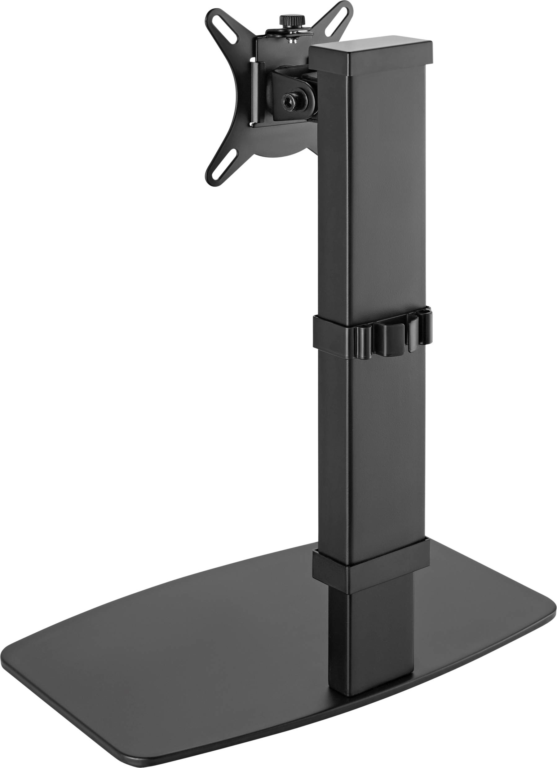 Čierny kovový stojan na monitor s nastaviteľnou výškou a štvorcovou základňou.
