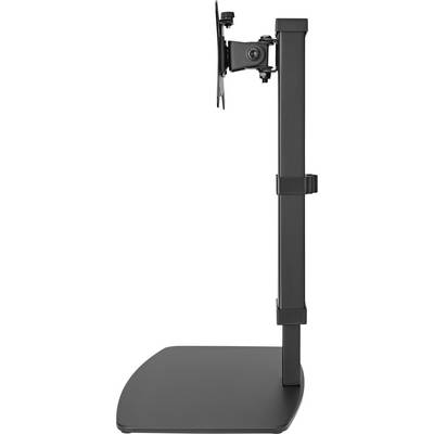 Kovový stojan na monitor, pohľad z boku. Nastaviteľný držiak pre monitory, stabilná základňa a vertikálna podpera ramena. Ideálny pre ergonomické prispôsobenie pracoviska.