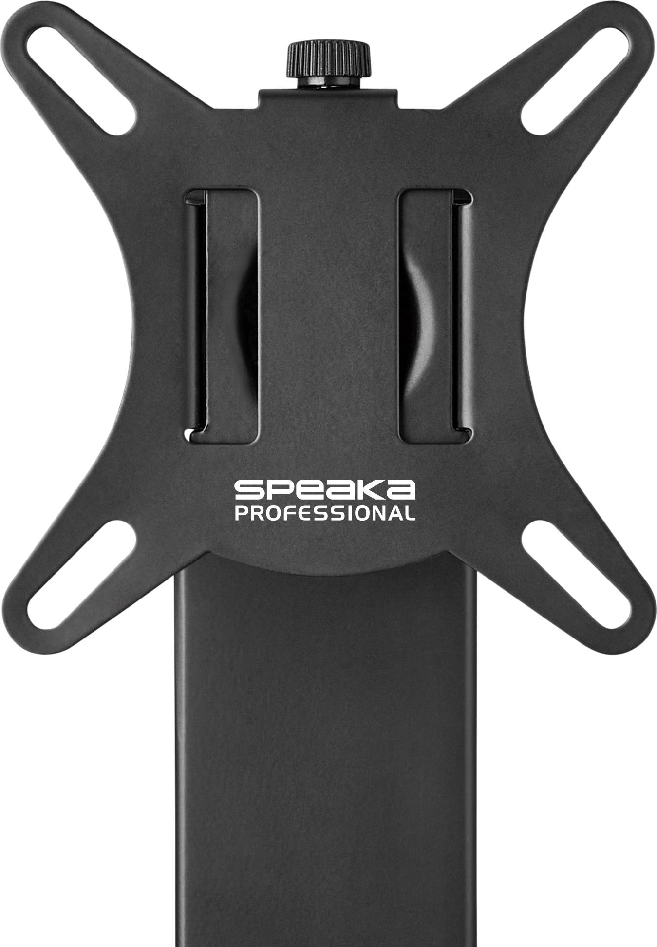 Čierna držiak monitora s nápisom 'SPEAKA PROFESSIONAL', nastaviteľné upevňovacie otvory, vhodný pre rôzne veľkosti obrazoviek.