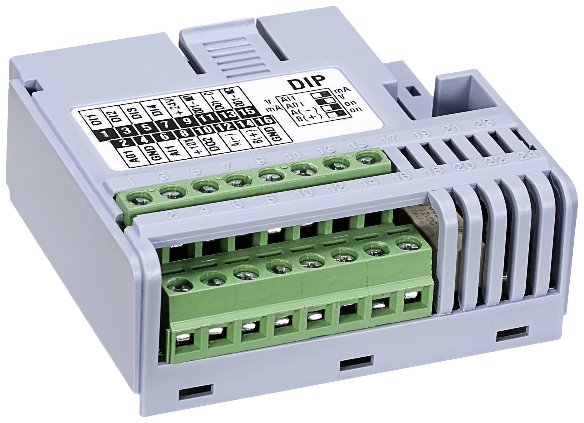 Sivo-zelená elektronická súčiastka s označenými vývodmi; slúži na riadenie alebo prepájanie elektrických obvodov.